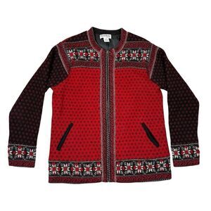 North Style Full Zip 100% Wool Cardigan Women’s Size Medium Fair Isle Nordic Red